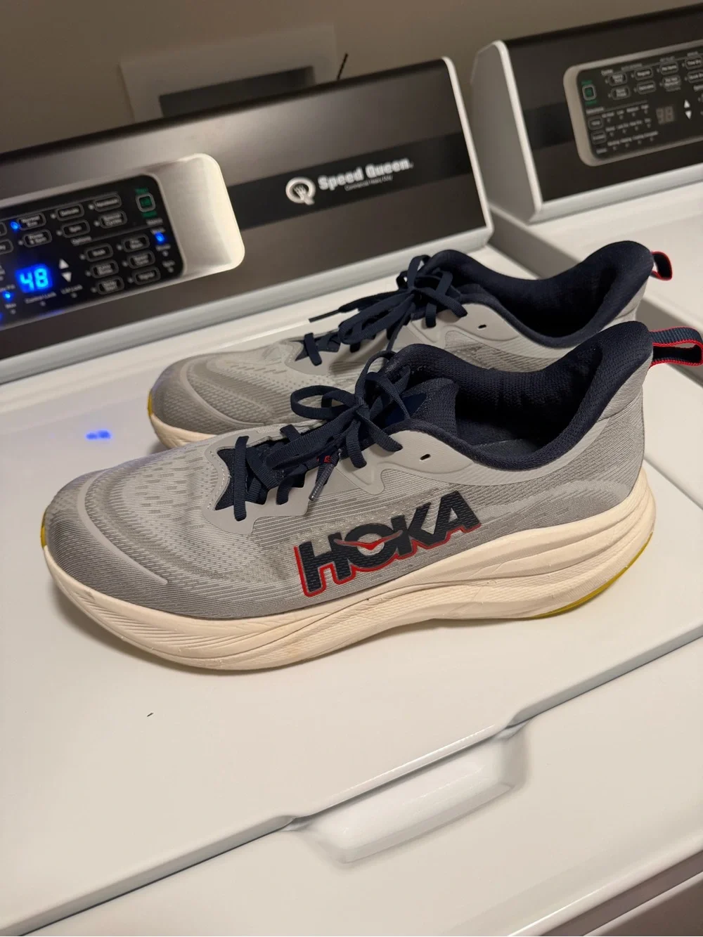 Hoka Men's Light Gray and Navy Running Sneakers with Red Logo